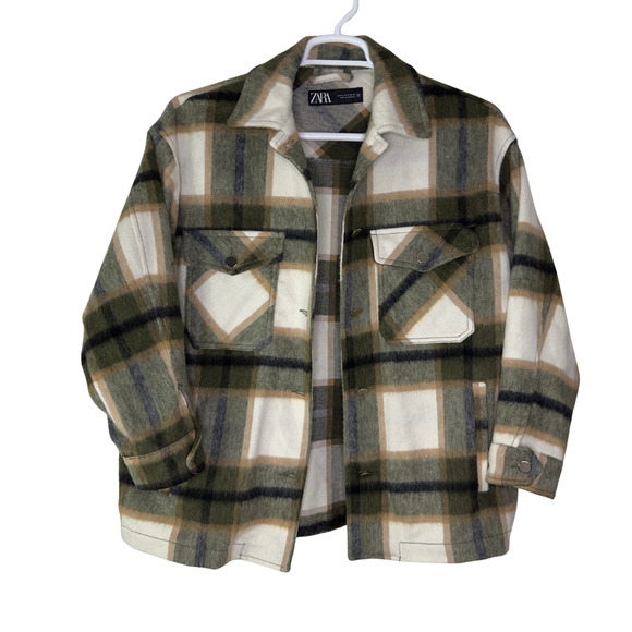 Zara Jacket Womens Medium Green Beige Plaid Wool Blend Shacket Overshirt Buttons - Picture 1 of 7